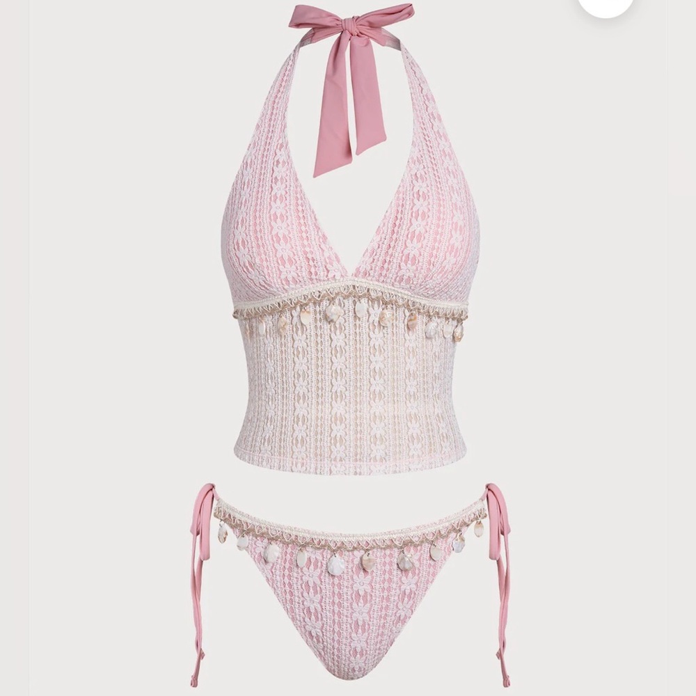 NWT Pink Crochet Lace Shell Tankini Set